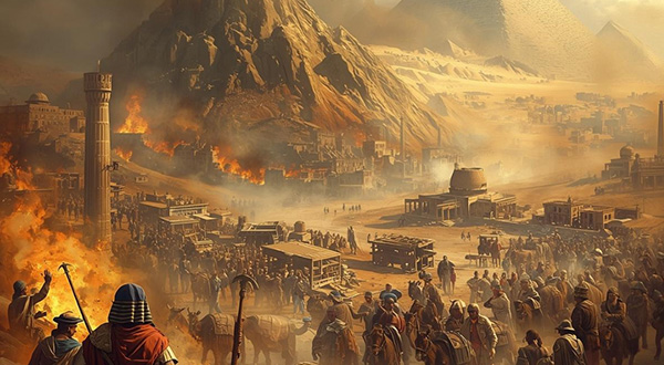 Ancient Egyptian city in chaos with fires burning, crowds fleeing with camels and carts, and pyramids rising in the background.