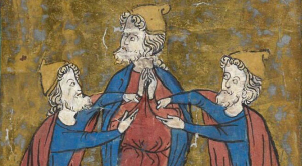Medieval-style illustration of three bearded men wearing pointed hats and colorful robes; the central figure in red and blue faces forward with hands raised in a gesture, while two similar figures on either side reach toward him against a gold background.