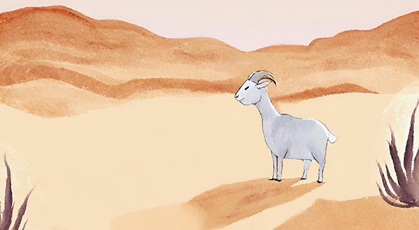 watercolor painting of a goat in the desert