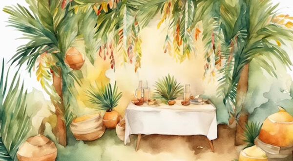 water color of a sukkah with table at the center