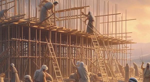Workers in long robes and head coverings build a large wooden structure with scaffolding and ladders at sunset, resembling an ancient construction scene.