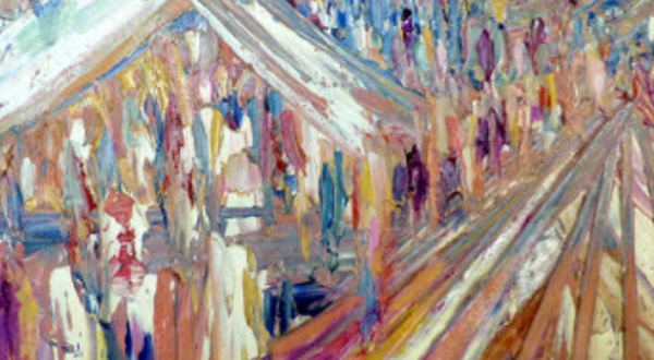abstract painting of a roadway with a tent shape and figurative elements
