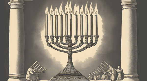 illustration of a menorah surrounded by robed men