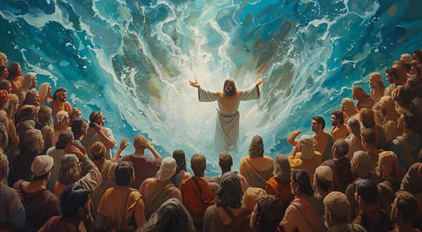 Large crowd gathered around a single male igure with clouds behind him