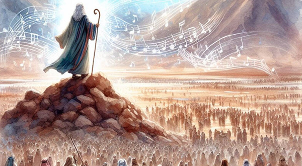 Robed man with staff standing on rocks and looking out into the sunlight. A musical staff is drawn across the landscape