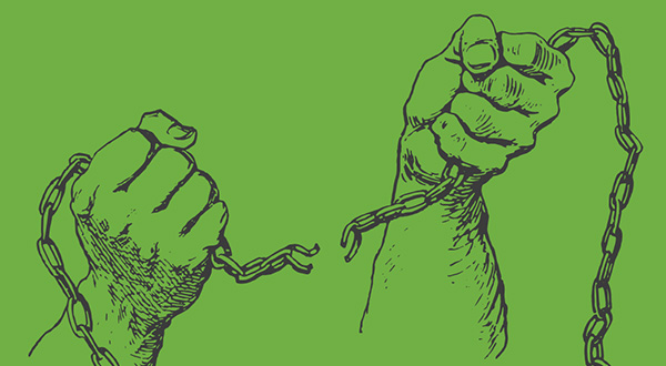 hands holiding a broken chain against a bright green background