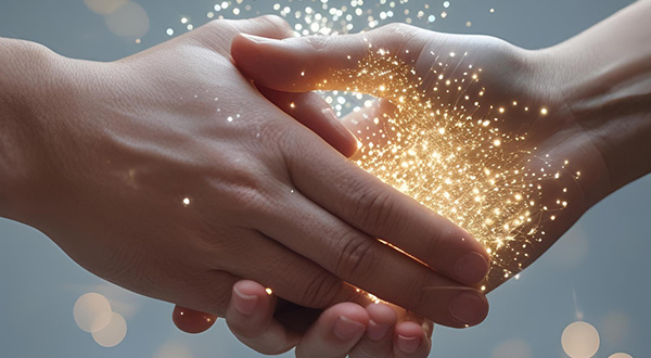 Two hands clasped together with light sparks emenating from their palms