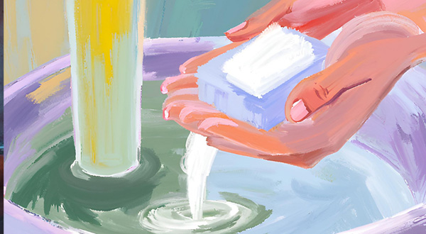 Watercolor painting of hands with soap and water