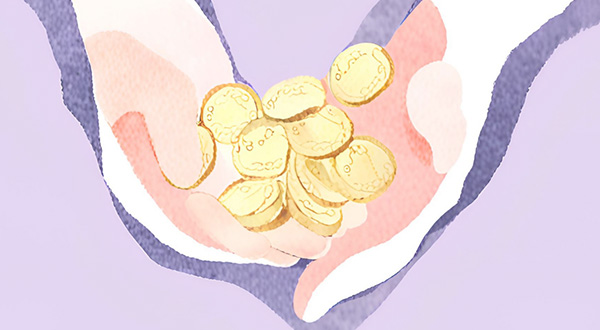 Watercolor of hands holding gold coins on a light purple background