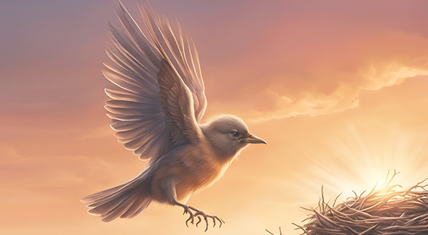 White bird flying toward a nest with warm sky behind it