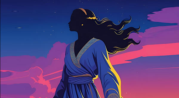 silhouette of a woman standing with a purple dress against pink and purple clouds