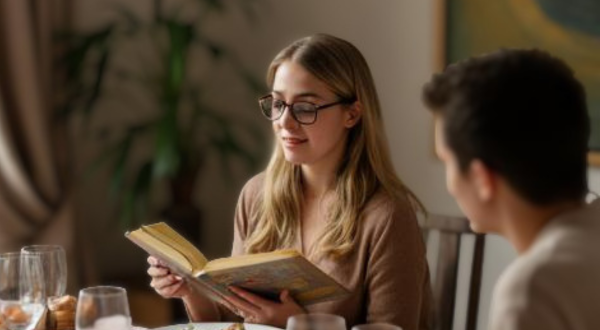 woman reading aloud at a table